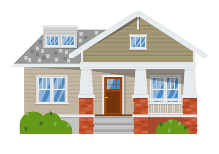 Exterior of family home isolated on white background. Vacation house. Real estate design element. Facade apartment, cottage. New suburban two stories house in flat designのイラスト素材