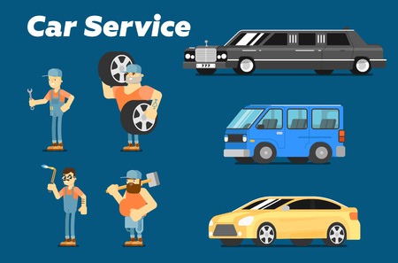 Car repair service concept banner vector illustration. Serviceman in uniform at work. Car mechanic with tool, automobile servicing centre and garage, auto spares, maintenance, tuning and diagnostics.のイラスト素材