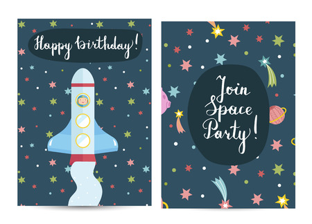 Happy birthday cartoon greeting card on space theme. Rocket with astronaut on boar flying in cosmos among stars, planets and comets vector illustration. Bright invitation on childrens costumed partyのイラスト素材