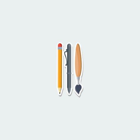 School symbol - pencil, pen and brush. School education, drawing and writing colorful single icon. Basic element for web isolated on white background vector illustration in flat design.のイラスト素材