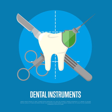 Dental instruments banner with crosswise syringe and scalpel on blue background. Dentistry isolated vector illustration. Medical professional equipment. Healthcare and tooth care. Dental hygieneのイラスト素材