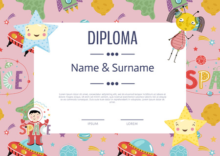 Diploma cartoon template. Spaceship, stars. planets, comets. For award for victory in scientific competition. Cartoon space diploma template.のイラスト素材