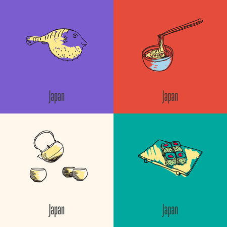 Japanese national symbols. Fugu fish, noodles with sticks, kettle with cups, sushi on plate hand drawn doodle vector icons collection with caption. Country concept for travel company ad, web designのイラスト素材