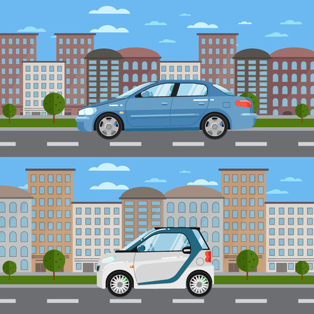 Blue sedan and white smart car on road in city vector illustration. Urban cityscape background with skyscrapers. Small compact city eco car. Modern automobile. Family citycar. People transportations.のイラスト素材
