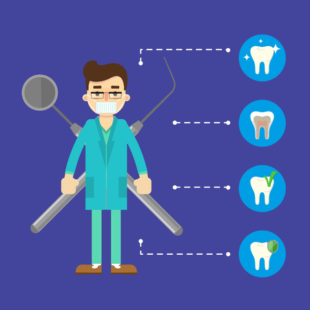 Dental banner with male dentist in blue medical uniform standing on blue background with instruments crosswise and round teeth icons. Dental treatment and hygiene. Tooth care and restoration.のイラスト素材