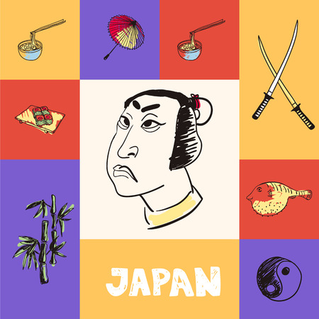 Checkered concept with japanese national and country related symbols. Samurai face, swords, noodles with sticks, umbrella, sushi, bamboo, yin yang symbol, fugu fish hand drawn vector icons setのイラスト素材