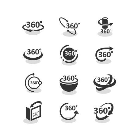 360 degree rotation icons set. Rotation arrows vector illustration. Navigation pictogram, 3d model, geometry math symbol. Full view in all projections concept.のイラスト素材