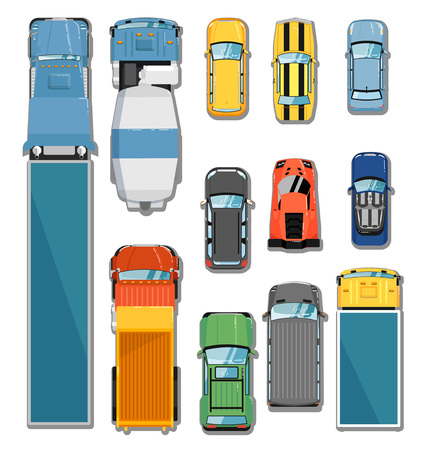 Cars and trucks top view set isolated vector illustration. Commercial freight truck, tipper, concrete mixer, city car, cabriolet, hatchback, sports car, muscle car, sedan, commercial van, suv in flatのイラスト素材