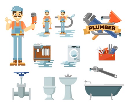 Professional plumbing repair service isolated vector illustration. Plumber man in uniform with tools at work. Toilet, kitchen sink, bath, washing machine, water pipes, tap, adjustable wrench, plungerのイラスト素材