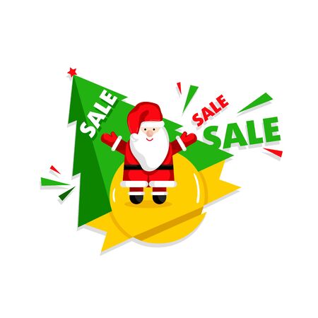 Christmas sale banner template with Santa Claus cartoon character and christmas tree vector illustration. Holiday discount, best price, winter sale, limited time offer, shopping concept in flat designのイラスト素材