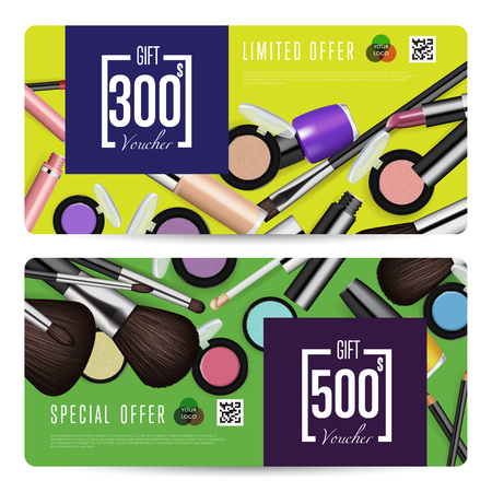 Cosmetics gift voucher template. Gift coupon with fashion makeup accessories and prepaid sum. Makeup brush, powder, lipstick, pencil, polish vectors. Special exclusive offer for cosmetics product saleのイラスト素材