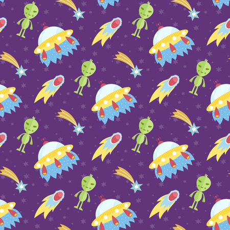 Aliens outer space flying saucer cartoon. Green big head alien, extraterrestrial spaceship, fiery comet, falling stars illustration on violet background. For wrapper, greeting card, invitationsのイラスト素材