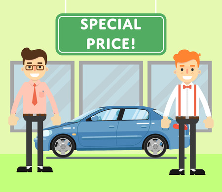 Special price for auto concept with blue comfortable sedan and car salesmen in showroom illustration. Auto dealership. Car sale design template in flat style. Sales occupation.のイラスト素材