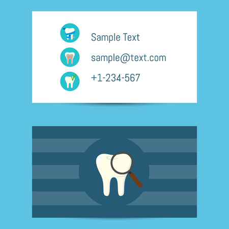 Professional business card template for dentists with tooth symbol with magnifier on blue background,  illustration. Dental office or clinic visiting card. Dental care conceptのイラスト素材