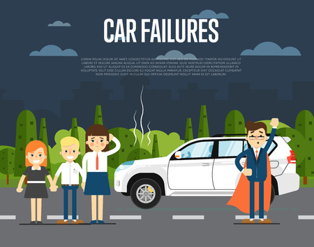 Car failures concept with people standing near broken car on road illustration. Man in business suit and cape hero. Roadside assistance. Automobile repair service. Road accident.のイラスト素材
