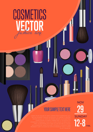 Cosmetics product presentation poster. Makeup accessories set. Cosmetics promotion flyer with date and time. Brushes, powder palettes, lipstick, eye pencil, nail polish vectors. For beauty salon, shopのイラスト素材