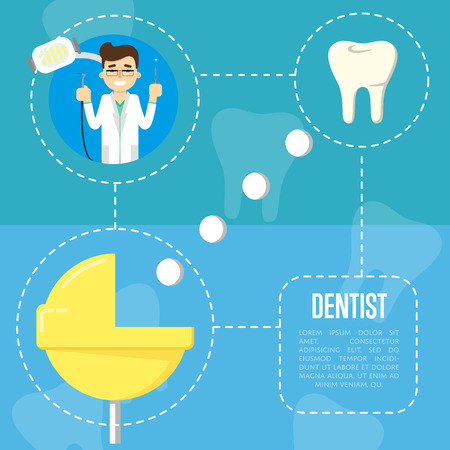 Smiling male cartoon dentist in white coat holding dental instruments, vector illustration. Dental treatment. Tooth care and restoration, stomatology and orthodontics. Tooth extraction process scheme.のイラスト素材