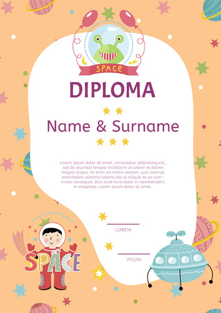 Diploma cartoon template. Spaceship, stars. planets, comets. For award for victory in scientific competition. Cartoon space diploma template.のイラスト素材