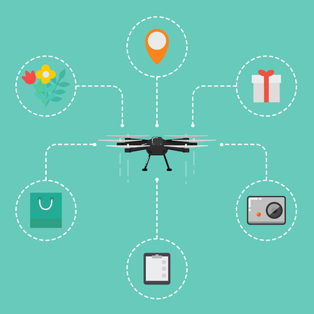 Drone technology concept with remotely controlled flying robot vector illustration. Multicopter with accessories. Unmanned aerial vehicle. Drone aircraft in flat design. Modern flying device.のイラスト素材