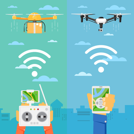 Drone technology banner with remotely controlled flying robots in city vector illustration. Multicopter piloting with tablet or smartphone. Unmanned aerial vehicle. Modern flying device with camera.のイラスト素材