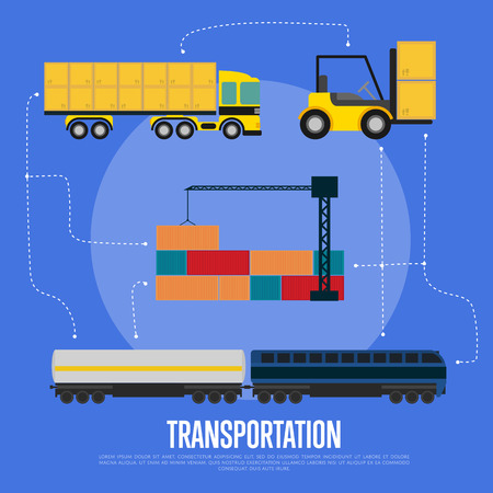 Global transportation and logistics banner vector illustration. Container truck, freight crane, cargo train and forklift truck in flat design. World import and export transportation business conceptのイラスト素材
