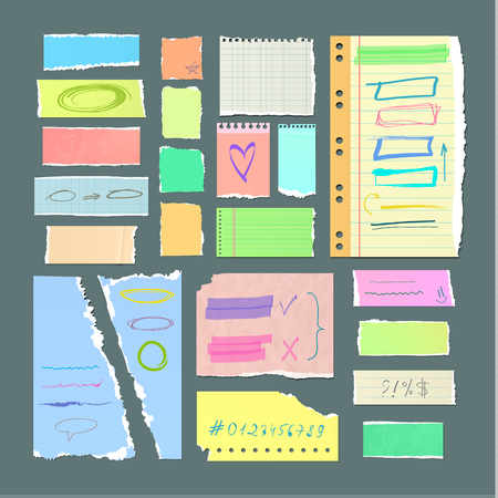Torn off paper sheets with hand drawn symbols. Pieces of color and checkered notebook pages with doodles isolated vector illustrations. Handmade stickers for memo and messages conceptのイラスト素材