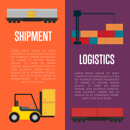 Logistics and shipment banner set vector illustration. Shipment template with forklift truck loading boxes. Logistic concept with cargo crane loading container. Delivery service, shipping and storageのイラスト素材