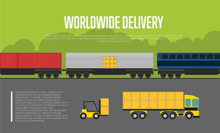 Worldwide delivery banner isolated vector illustration. Forklift loading boxes in container truck, cargo train on railway. Global commercial transportation company and worldwide delivery businessのイラスト素材