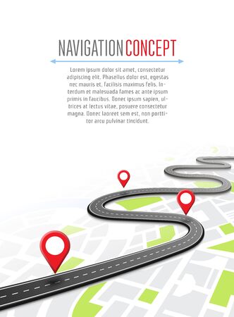 Navigation concept with pin pointer vector illustration. Map marker pointer on road map. GPS navigation system banner. Cartography mapping, ui pinning, discovery, geotag, tourism geolocation.のイラスト素材