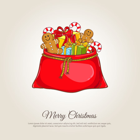 Christmas gifts . Large red Santa sack full of wrapped presents, gingerbread cookies, candy illustration. Merry Christmas and Happy New Year concept for greeting cart. Xmas shoppingのイラスト素材
