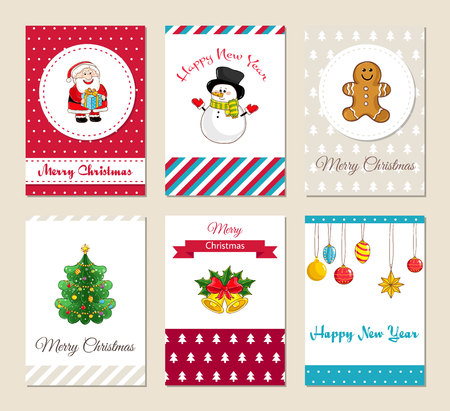 Christmas greeting cards and Xmas party invitations set. Colorful Merry Christmas and Happy New Year concepts with Santa, snowman, gingerbread cookies, Christmas tree, bells, toys illustrationsのイラスト素材