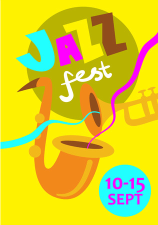 Jazz music festival colorful poster with date. Saxophone and trumpet musical instruments cartoon illustrations. For live concert, musical band performance tickets, or designのイラスト素材