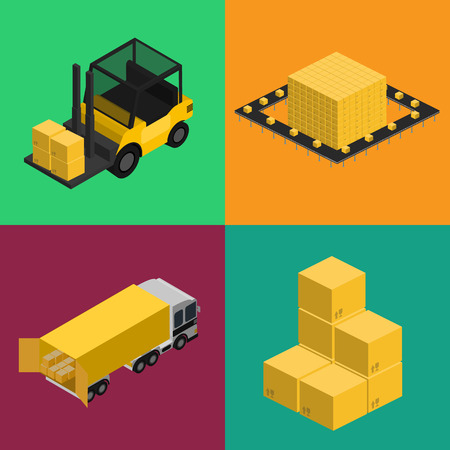 Delivery logistics and transportation isometric illustration. Commercial truck, forklift with boxes, stack of packing boxes icons. Warehouse logistics, delivery business, freight shipping setのイラスト素材