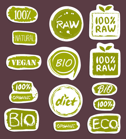 Organic food hand drawn labels set illustration. Vegetarian, gmo free, fresh and natural, vegan, raw food, healthy diet, lifestyle, farm market, organic products, bio and eco nutrition conceptのイラスト素材