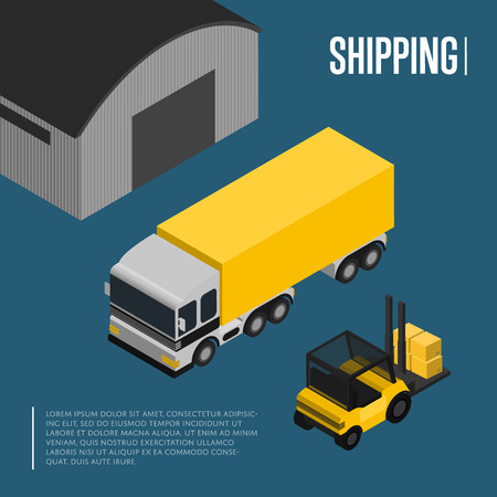 Warehouse and freight shipping isometric illustration. Forklift with packing boxes loading freight truck near warehouse. Warehouse logistics, local cargo shipping and distribution businessのイラスト素材