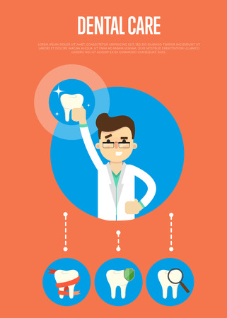 Male cartoon dentist in medical white coat holding big tooth on color background, vector illustration. Oral hygiene, tooth health, dental care. Stomatology and orthodontics. Dentist office flyerのイラスト素材