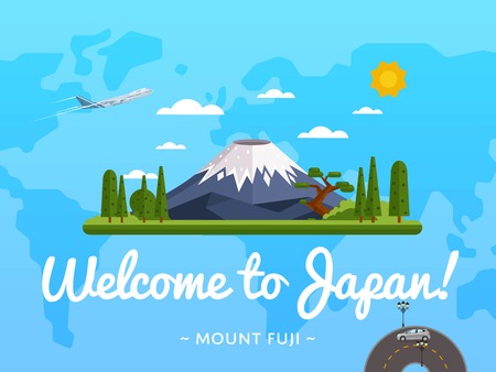 Welcome to Japan poster with famous attraction vector illustration. Travel design with Fujiyama mountain on background world map. Worldwide air traveling, time to travel, discover new placesのイラスト素材