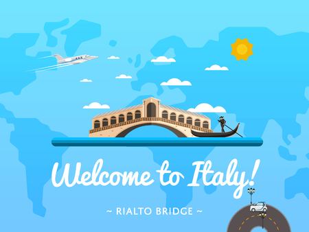 Welcome to Italy poster with famous attraction vector illustration. Travel design with Rialto Bridge in Venice. Famous architectural landmark and worldwide traveling concept, tourist agency bannerのイラスト素材