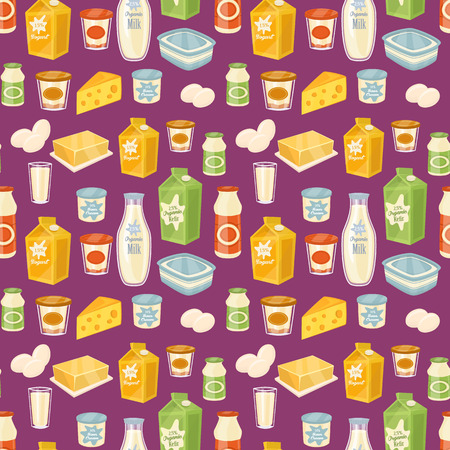 Dairy seamless pattern with different dairy icons on perpl background, vector illustration. Healthy nutritious concept with butter, eggs, milk, cream, yoghurt, cheese, kefir. Natural and healthy foodのイラスト素材