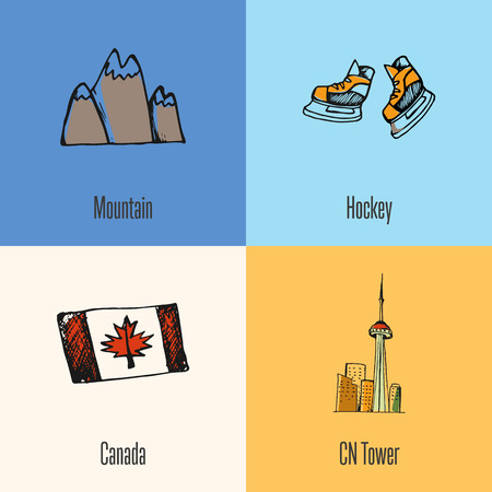 Canadian national symbols. Mountains snow peaks, ice hockey skates, flag, Toronto CN tower hand drawn doodle vector icons collection with caption. Country concept for travel company adのイラスト素材