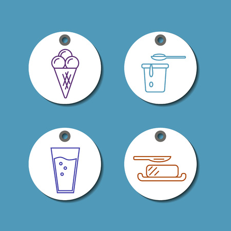 Price tags with dairy products icons in line style design on white background, vector illustration. Natural and healthy food. Traditional farmers products. Organic shop round labels.のイラスト素材