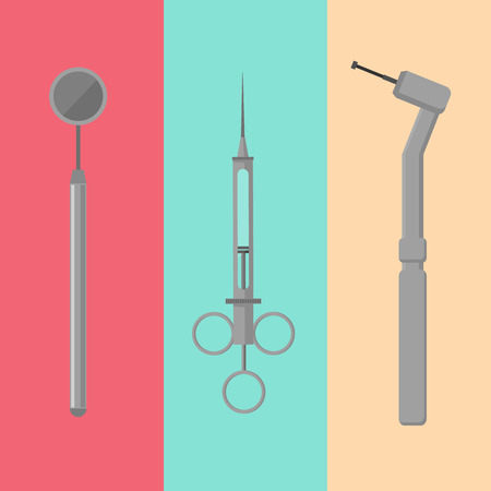 Metal medical equipment tools for teeth dental care. Dentistry vector illustration. Dental treatment concept. Tooth care, stomatology and orthodontics. Dentist professional instrument iconsのイラスト素材