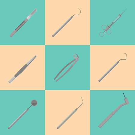 Metal medical equipment tools for teeth dental care. Dentistry vector illustration. Dental treatment concept. Tooth care, stomatology and orthodontics. Dentist professional instrument iconsのイラスト素材
