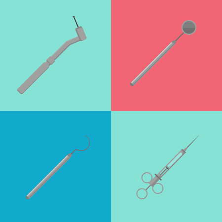 Metal medical equipment tools for teeth dental care. Dentistry vector illustration. Dental treatment concept. Tooth care and restoration, stomatology and orthodontics. Dentist professional instrumentのイラスト素材