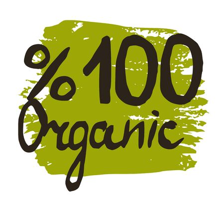 100% Organic hand drawn label isolated vector illustration. Healthy and lifestyle vegan symbol. Organic hand sketch badge, icon.のイラスト素材