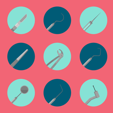 Metal medical equipment tools for teeth dental care. Dentistry vector illustration. Dental treatment concept. Tooth care, stomatology and orthodontics. Dentist professional instrument round iconsのイラスト素材