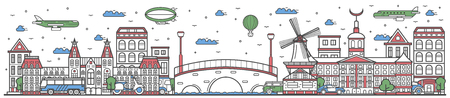 Travel in Amsterdam city banner vector illustration. Worldwide traveling concept with famous modern and ancient architectural attractions. Amsterdam cityscape panorama, landmark line design poster.のイラスト素材
