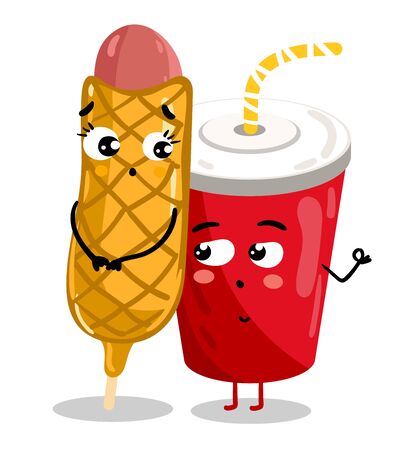 Funny take away glass and hot dog characterのイラスト素材