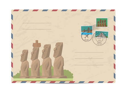 Moai statues from Easter island, Chile. Postal envelope with famous architectural composition, postage stamps and postmarks on white background vector illustration. Postal services.のイラスト素材