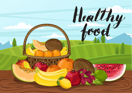 Healthy food poster with rural landscapeのイラスト素材